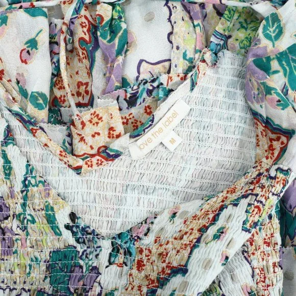 Love The Label Anthropologie Smocked Floral Printed Mini Dress Ruffle M